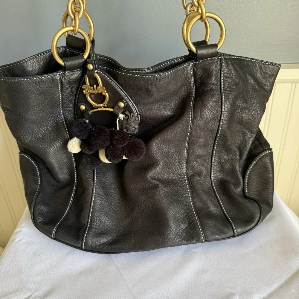 VINTAGE JUICY COUTURE Black Leather Hobo Tote Shoulder Bag Handbag Purse Dustbag